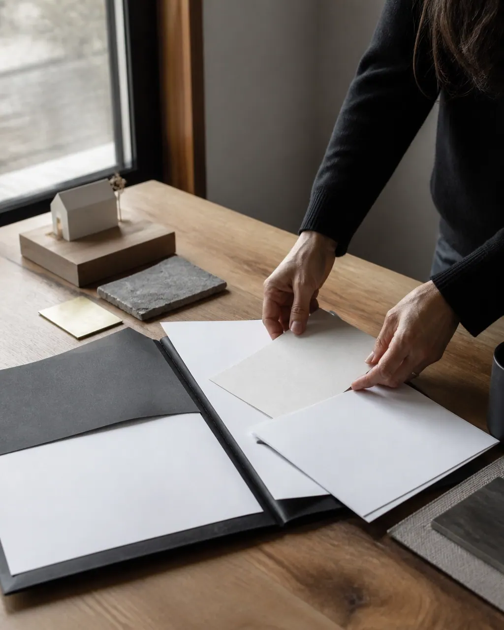 Une personne aligne des documents de projet vierges et des échantillons de matériaux sur une table près d’une fenêtre.