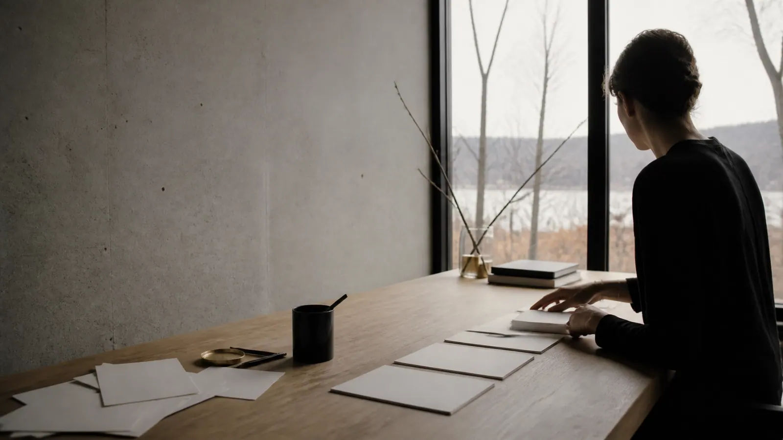 A person organizes blank documents on a table beside a window in a Quebec workspace, a calm composition suggesting the passage from complexity to clarity.