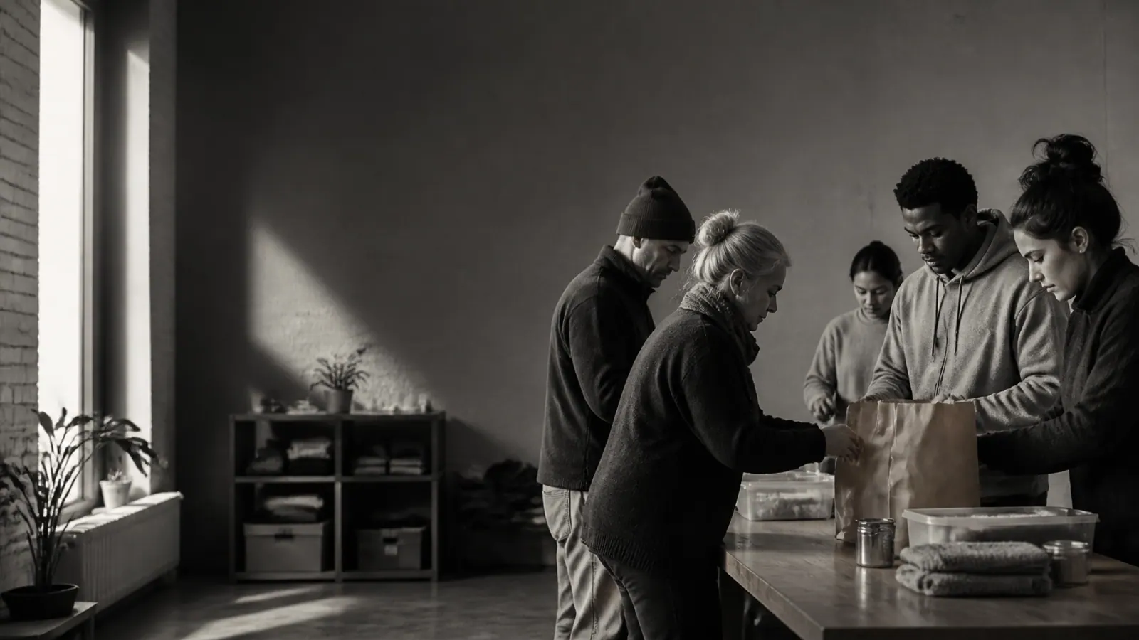 People of different ages and backgrounds prepare useful supplies together in a Quebec community centre.