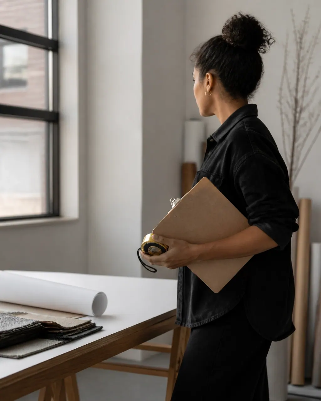 A professional carries a blank folder and measuring tape in a Quebec workspace while preparing the next project step.